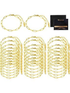 18K Gold Plated Paperclip Charm Bracelets - 30PCS 6.3 Inch Chain Set